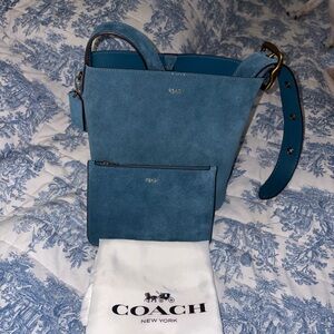 Coach Teal Blue Suede Bucket Shoulder Bag with Wristlet